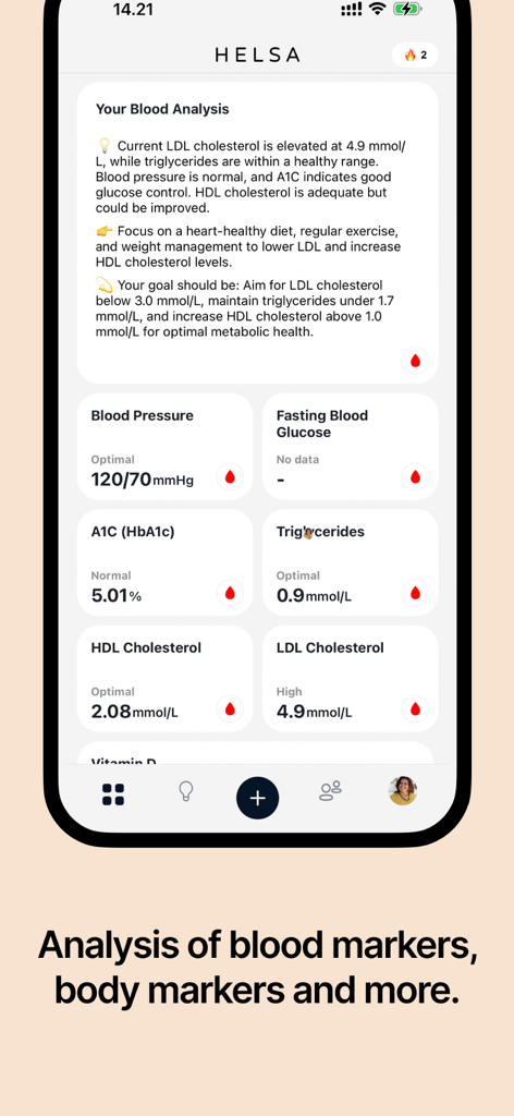 Helsa: Metabolic Health Coach - Helsa app interface displaying blood analysis results and metabolic health markers including A1C and cholesterol levels