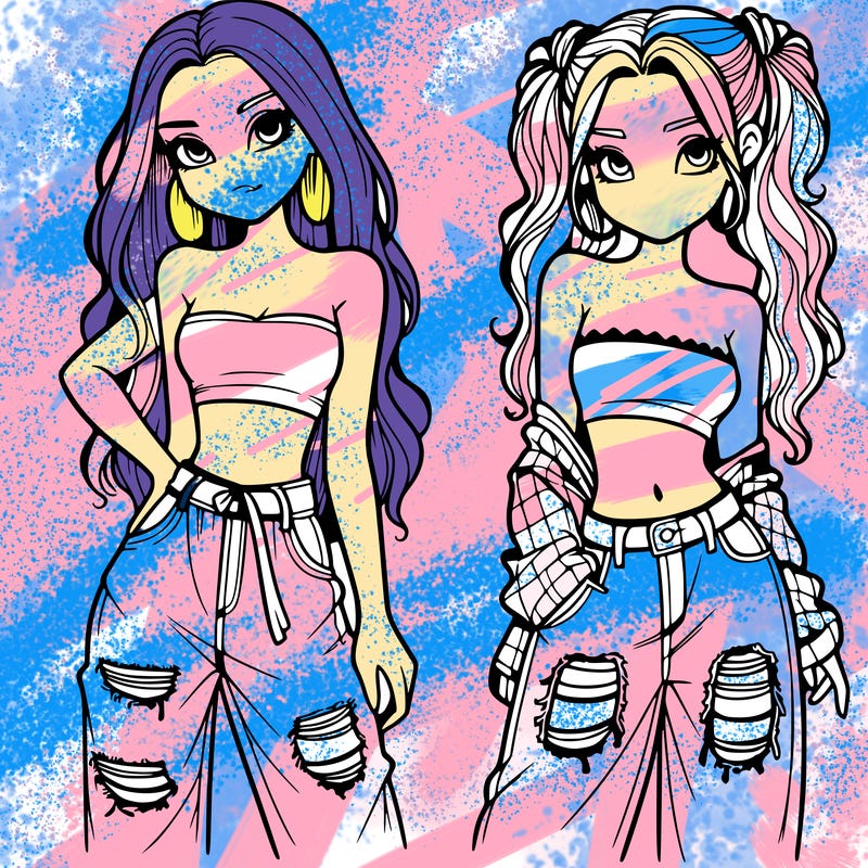 2 girls in crop tops and baggy jeans ripped