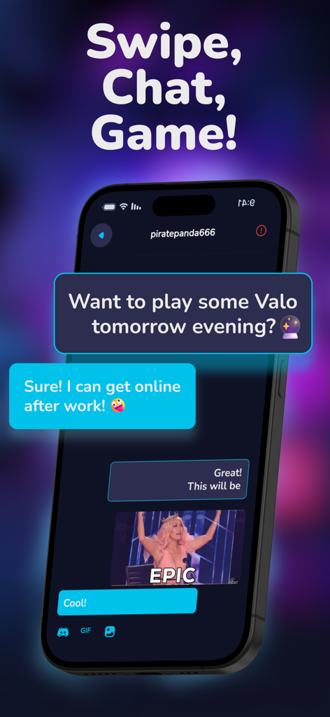 A smartphone displaying a chat conversation between two gamers on the Noobly app planning a Valorant session