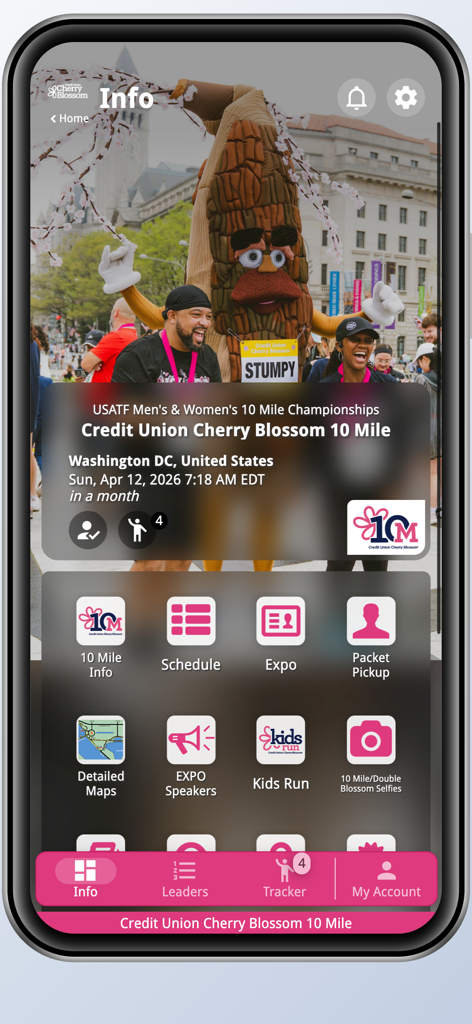 Cherry Blossom 10 Mile & 5K - Cherry Blossom 10 Meilen und 5K App-Infobildschirm mit Rennplan und Veranstaltungsdetails