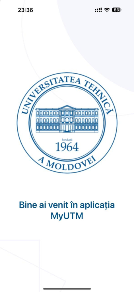 MyUTM Moldova - Welcome screen of the MyUTM Moldova app featuring the Technical University of Moldova logo