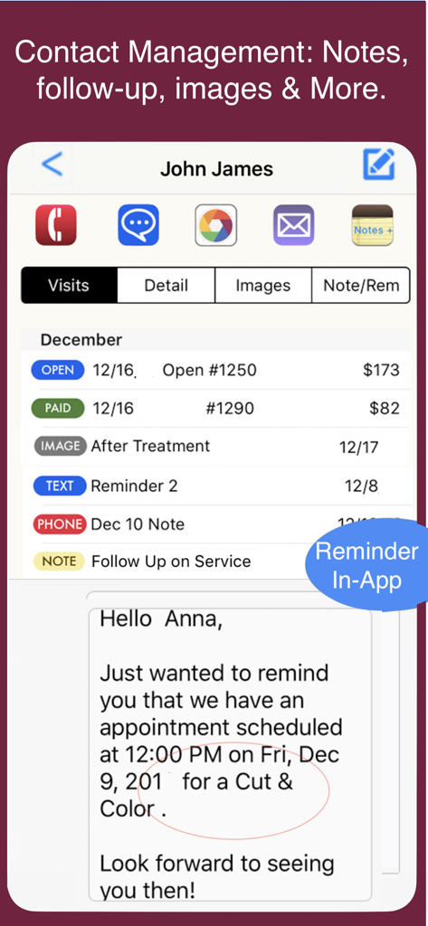 Client management screen showing appointment history and in-app reminders in Skincare Pro Business Manager