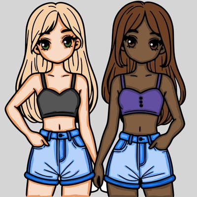 two sisters with crop tops and jean shorts and straight hair