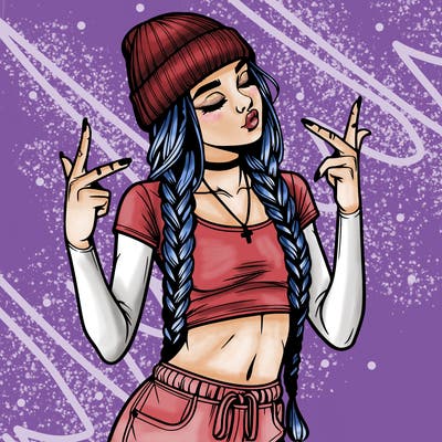 realistic teenage girl with braids and a beanie and crop top doing 🫶🏼