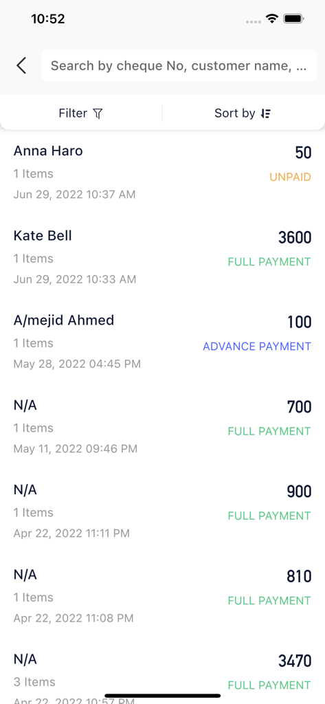 Yene Stock - Manage Inventory - Mobile app screen showing a list of customer credit sales and payment statuses like unpaid and full payment