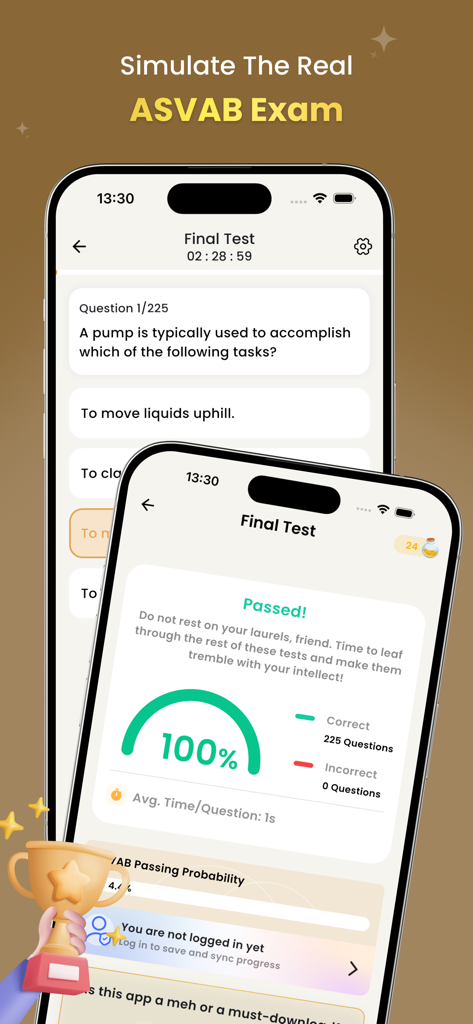 ASVAB Practice Test By ABC - Mobile app screens showing a simulated ASVAB final test question and a passing result with a 100 percent score.