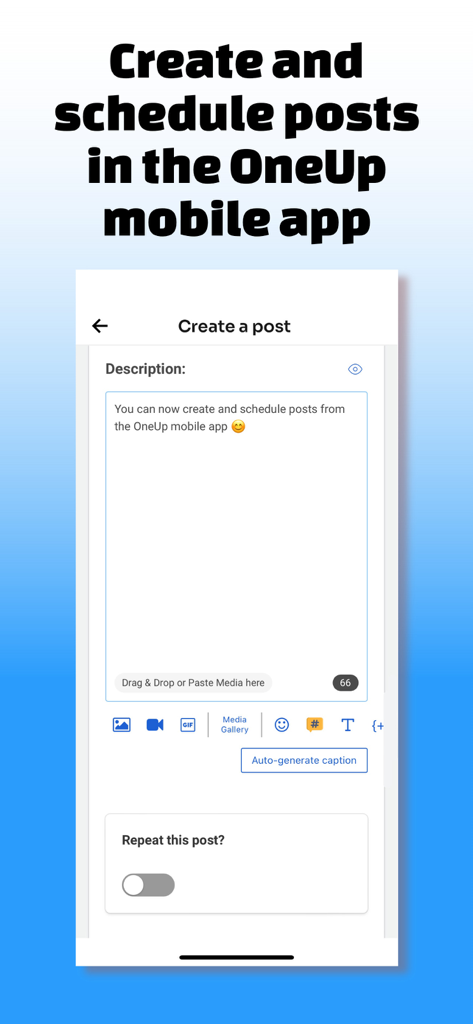 OneUp: Social Media Scheduler - Interface of the OneUp mobile app showing the post creation and scheduling screen.