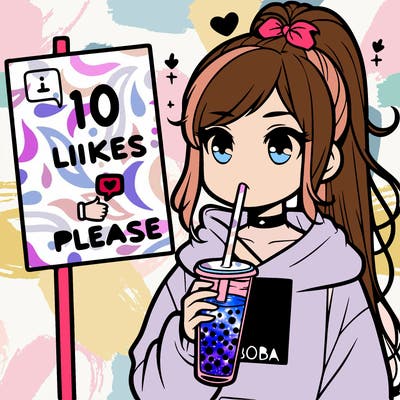 girl with a high ponytail and a hoodie drinking boba staring at a sign saying 10 likes please