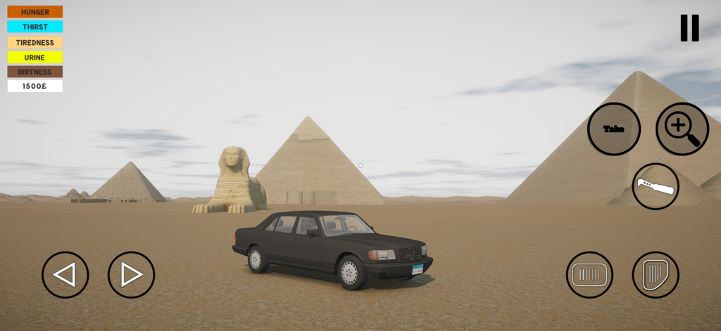 Egyptian Life - Gameplay of Egyptian Life featuring a car in the desert near the Pyramids and Sphinx with survival status bars.