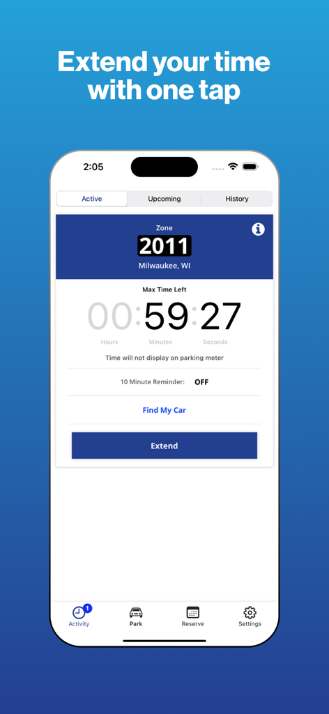 MKE Park app interface showing a parking session timer and a button to extend time in Milwaukee