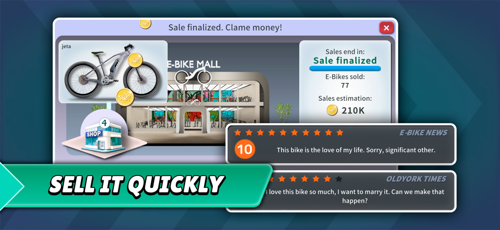 E-Bike Racing Tycoon Simulator - Sales results screen in E-Bike Racing Tycoon Simulator showing revenue and customer reviews