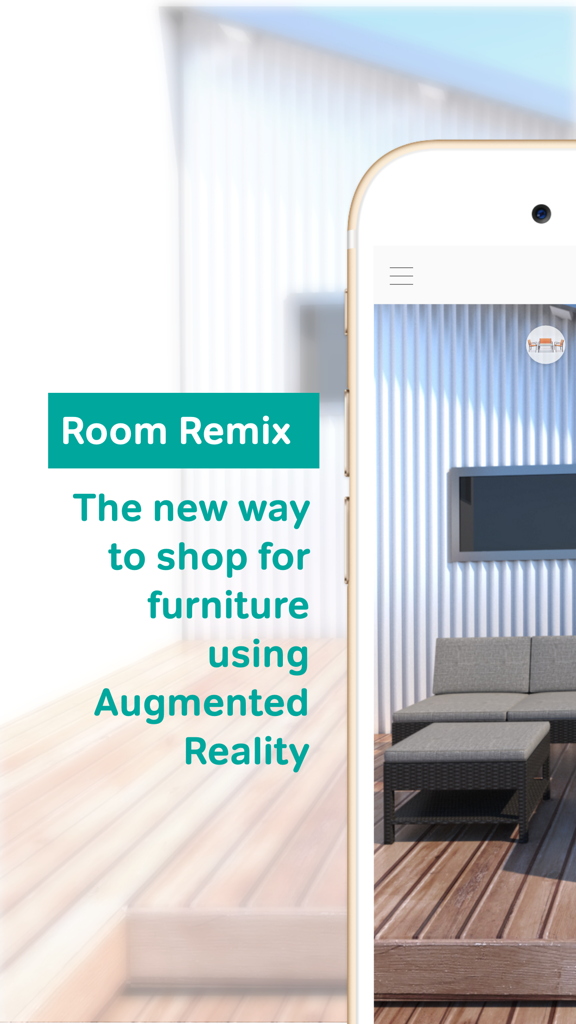 Room Remix - AR Decor & Design - Room Remix app interface showing outdoor patio furniture visualized in a real space using augmented reality