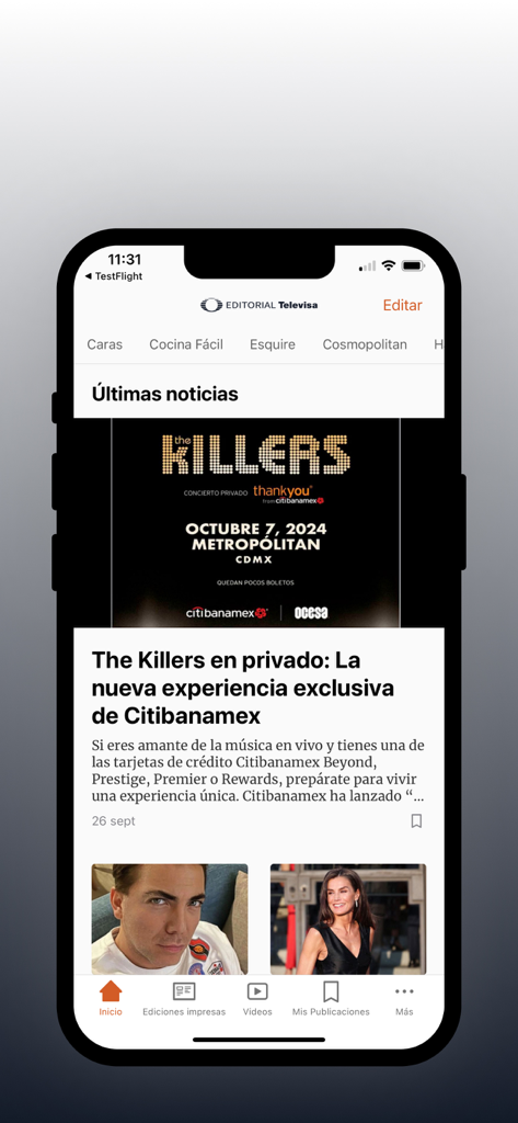 Editorial Televisa app interface showing the latest news section and magazine categories in Spanish.