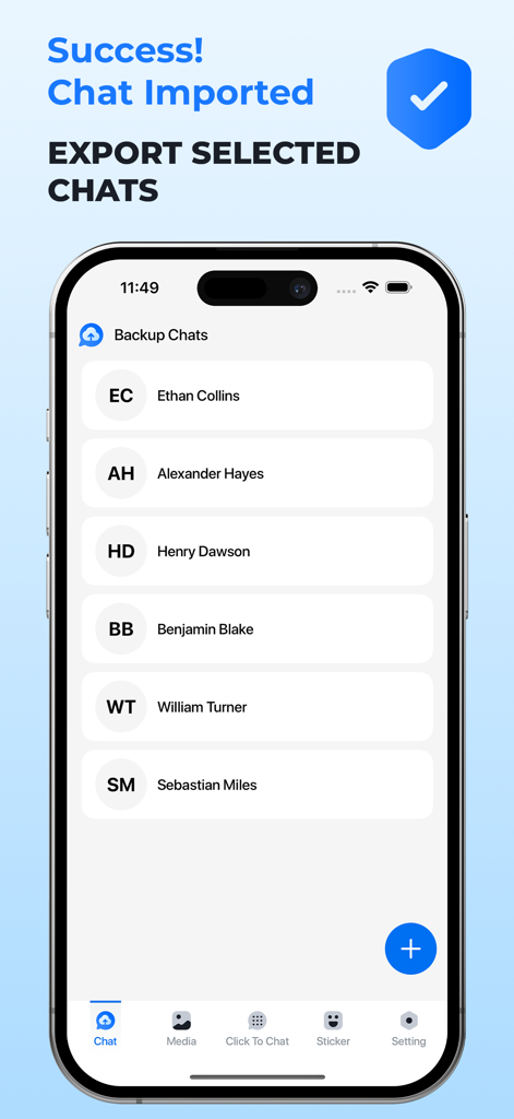 Chat Backup Restore - Mobile app screen showing a list of successfully imported WhatsApp chats