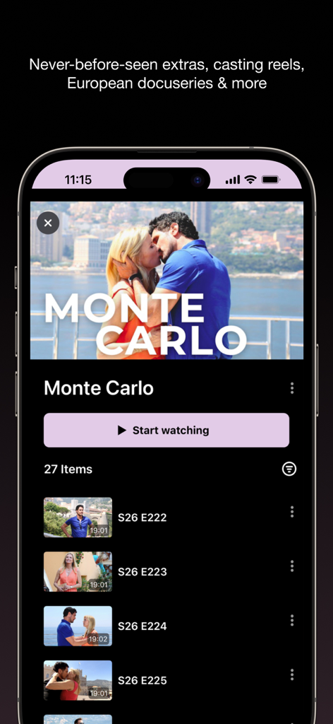 The Bold and the Beautiful - Screenshot of The Bold and the Beautiful app showing the Monte Carlo docuseries interface with an episode list and start watching button