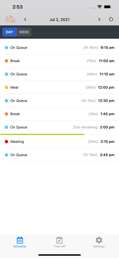 O aplicativo Genesys Tempo exibindo uma escala de turnos diária para atividades de contact center, incluindo tempo na fila e intervalos.
