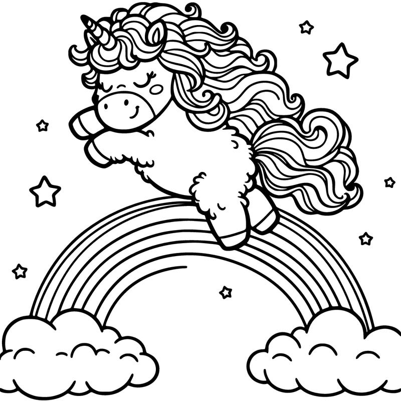 fluffy unicorn dancing on a rainbow
