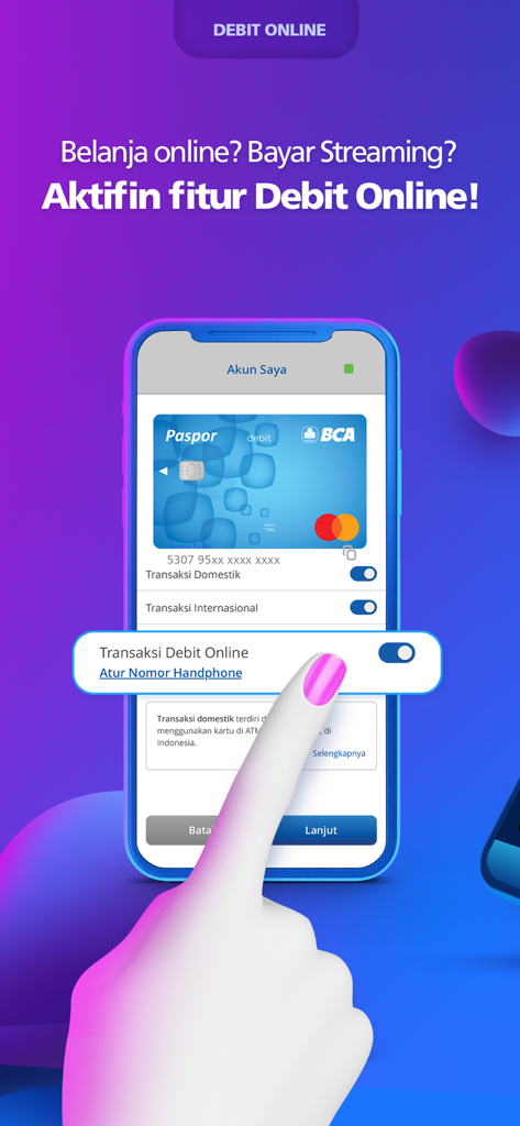 Smartphone screen showing a hand activating the Debit Online feature in the BCA mobile app for online payments