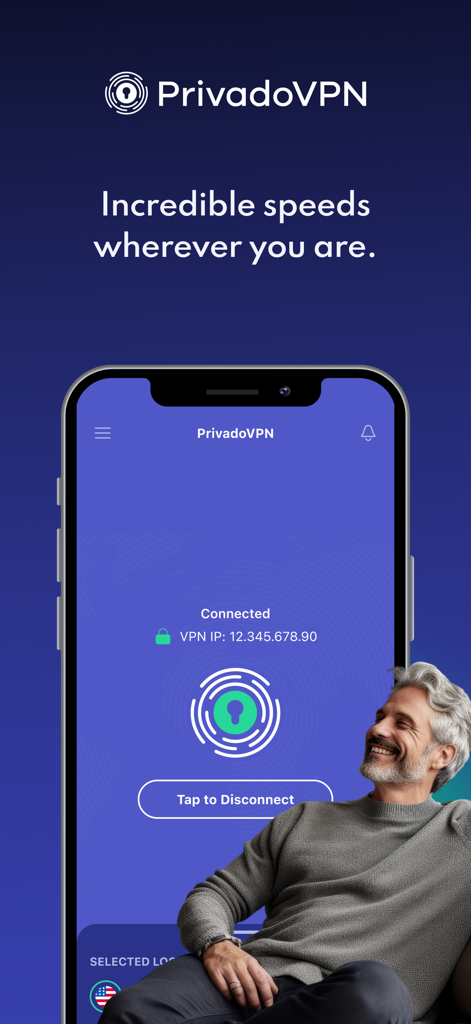 Interface de l'application PrivadoVPN sur un iPhone affichant un message de connexion sécurisée et haut débit