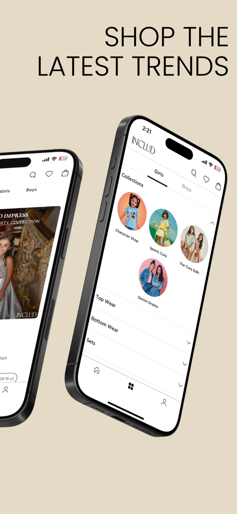 INCLUD - INCLUD mobile app interface displaying curated children fashion collections including Character Shop and Sports Core
