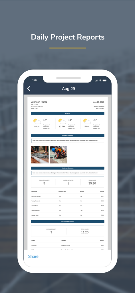 Busybusy app interface showing a comprehensive daily project report for construction management.