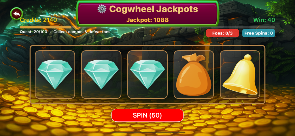 Xaldrith Phydal Slots - Xaldrith Phydal Slots gameplay screen showing the Cogwheel Jackpots mode with steampunk themes and diamond symbols