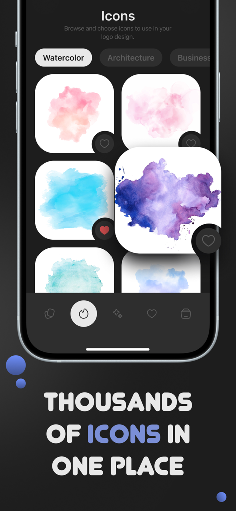 Logo Maker: Creator, Designer - Mobile app screen showing a selection of watercolor splash icons for custom logo design