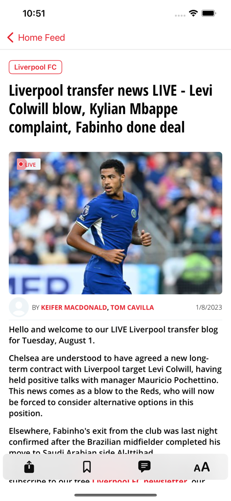 Aplicación LFC Echo mostrando noticias de fichajes en vivo para el Liverpool FC