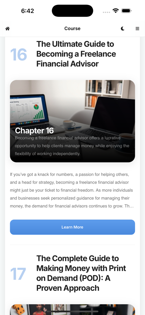 Lista de cursos en la aplicación Gana Dinero Online Ahora mostrando guías para asesoramiento financiero freelance y negocios de impresión bajo demanda.