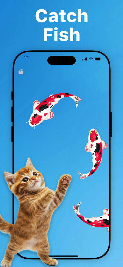 Games for Cats & Kitty - Ginger kitten pawing at koi fish on a mobile game screen
