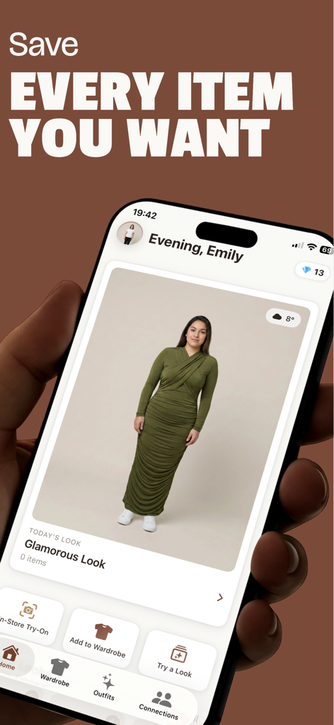 Adorna - Interfaz de la aplicación móvil Adorna que muestra un avatar digital usando un vestido verde largo con un subtítulo para guardar cada artículo que desees.