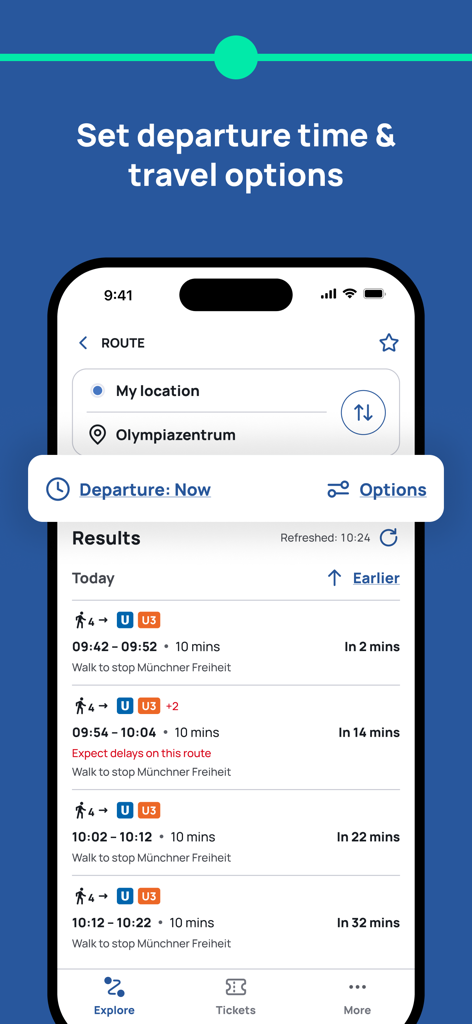 MVGO! - Bildschirm des MVGO App Routenplaners, der Abfahrtszeiten und öffentliche Nahverkehrsoptionen für München anzeigt