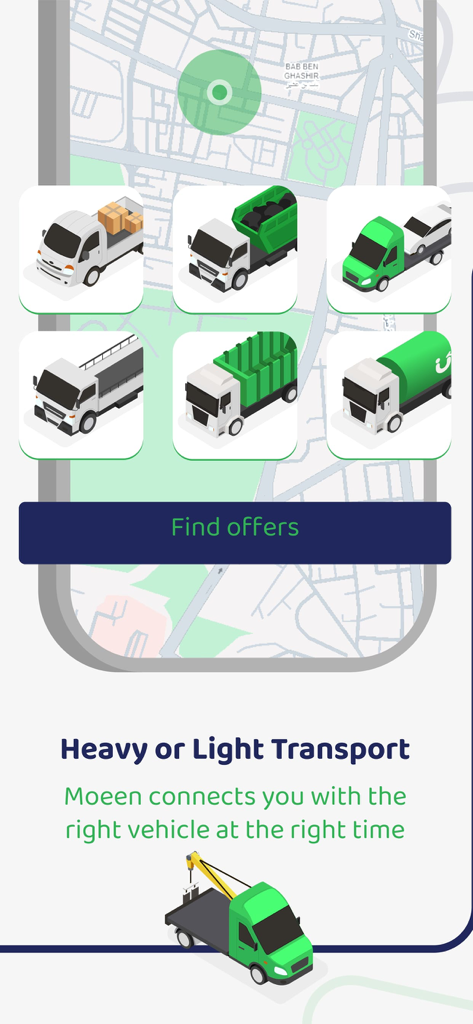 Moeen app screen showcasing options for heavy and light transport vehicles over a map background
