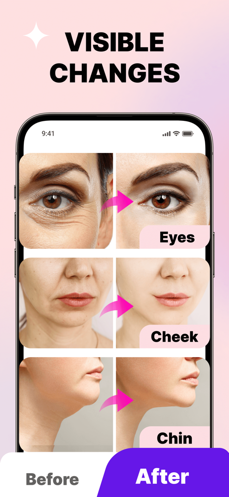 Face Yoga Exercises • Skincare - Fotos de comparación de antes y después que muestran resultados visibles en ojos, mejillas y mentón de los ejercicios de yoga facial.