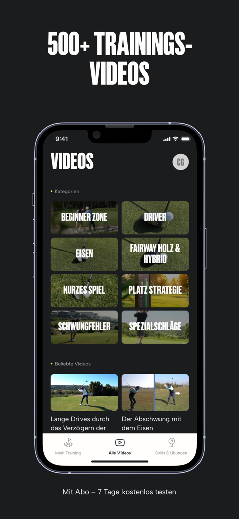 Raggl Golf Training - iPhone screen displaying categorized golf training videos including driver and short game sections