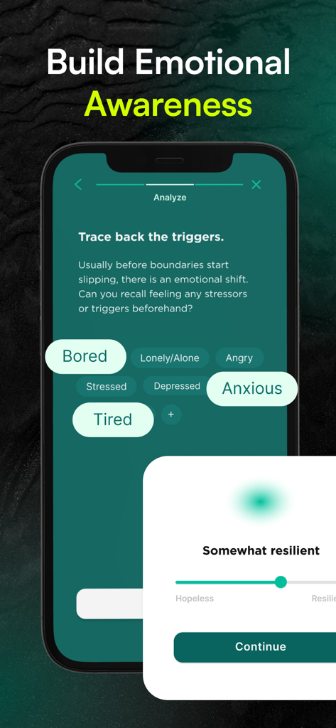 Relay app interface for building emotional awareness and tracing triggers.