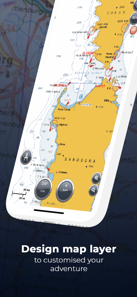Marine Navigation App zeigt eine detaillierte Seekarte auf einem Mobiltelefon