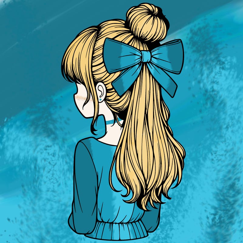realistic girl  with hip length hair a bun and a big bow on the back of head