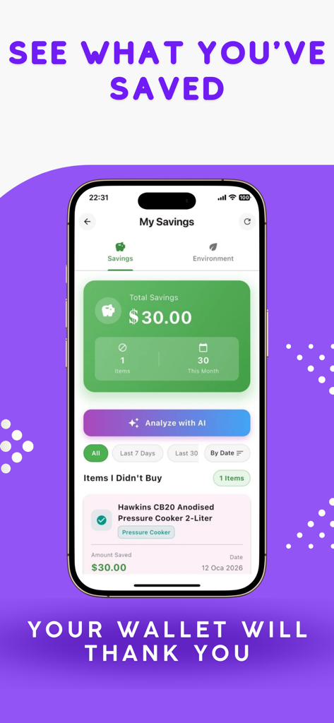 Why Buy: Stop Impulse Buying - 回避された衝動買いからの合計貯蓄30ドルを表示するモバイルアプリ画面。