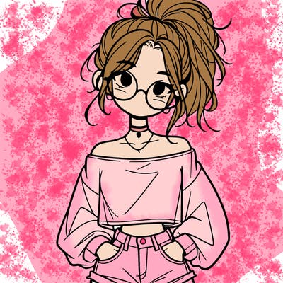 girl with a messy ponytail glasses a baggy crop top and jean shorts