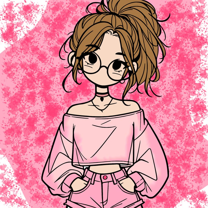 girl with a messy ponytail glasses a baggy crop top and jean shorts