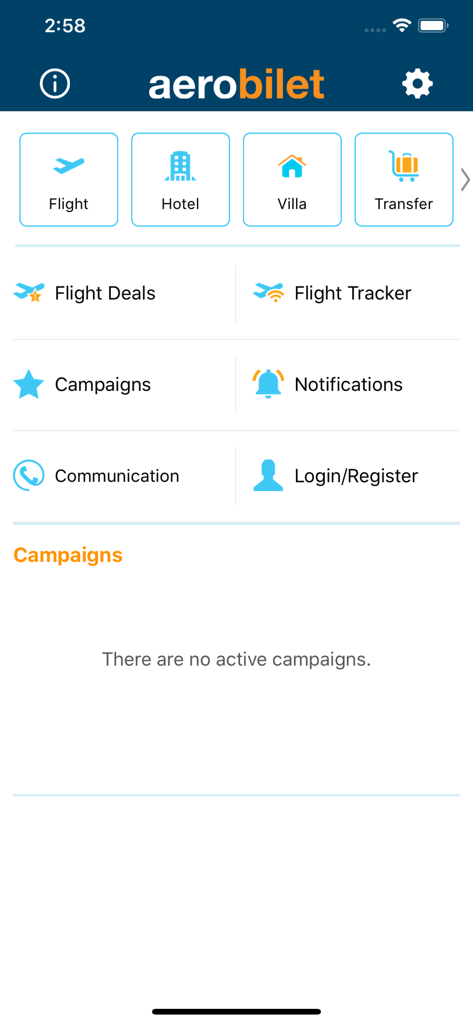 Aerobilet - Flights, Hotels - Aerobilet app dashboard featuring flight, hotel, villa and transfer booking categories