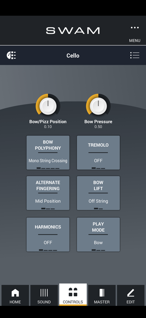 SWAM Cello app interface displaying performance controls for bow pressure tremolo and harmonics