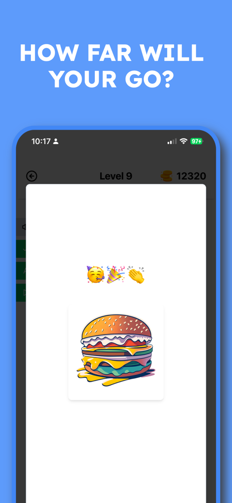 Logo Quiz 2025 Guess the brand - Mobile game interface for Logo Quiz 2025 showing a burger logo on Level 9