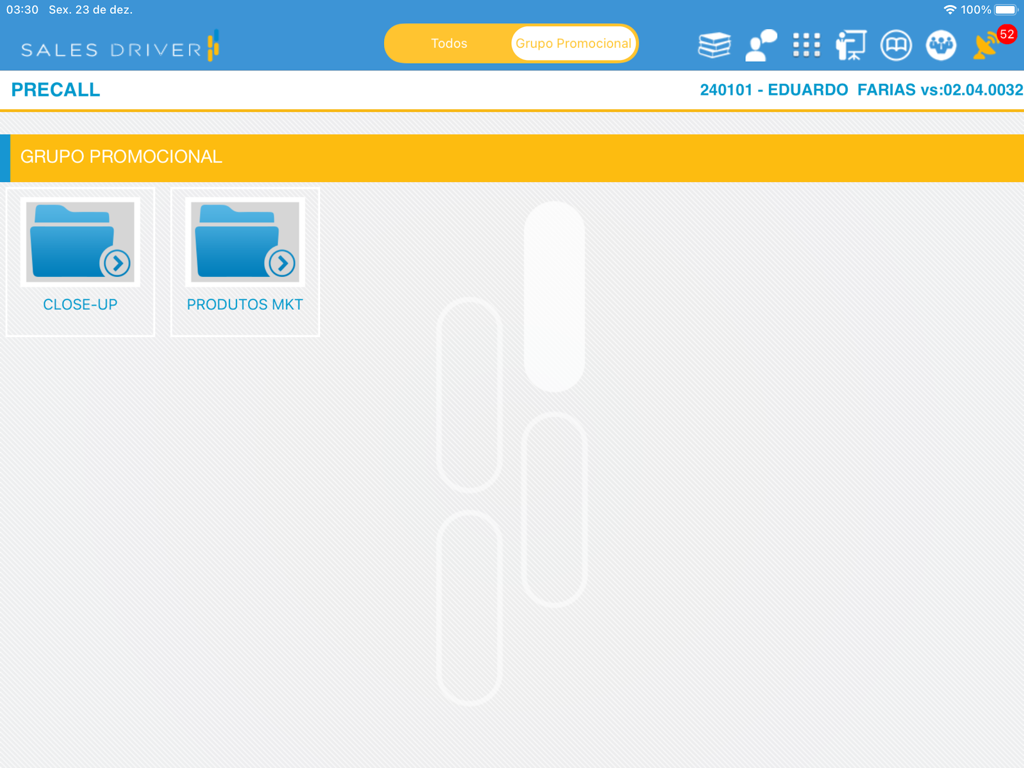 SalesDriver app precall dashboard on iPad displaying promotional folders for sales representatives