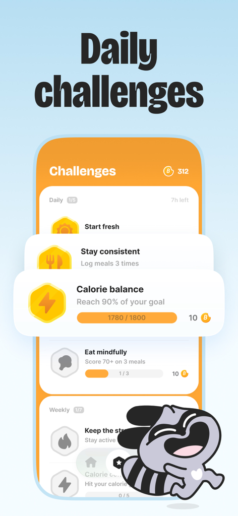 Daily health and nutrition challenges screen in the BitePal app featuring a cute animated raccoon
