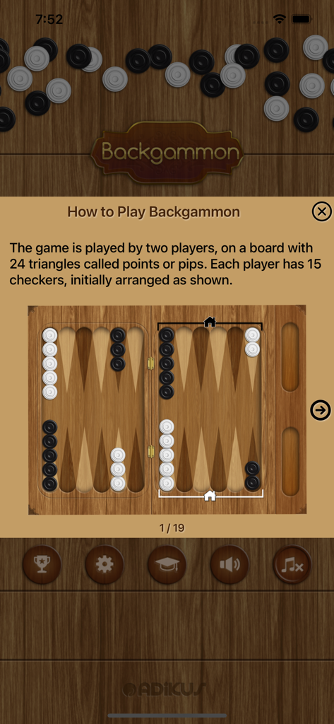 Tela tutorial para Backgammon Classic Board Live mostrando as regras do jogo e a configuração inicial do tabuleiro em uma interface de madeira