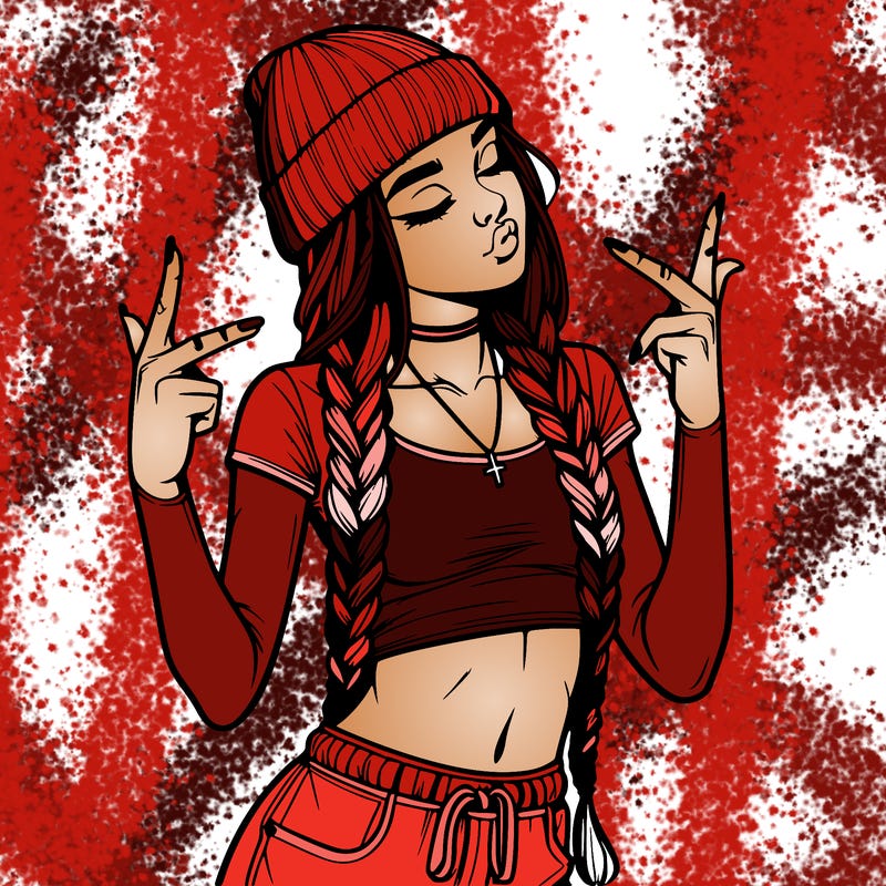 realistic teenage girl with braids and a beanie and crop top doing 🫶🏼