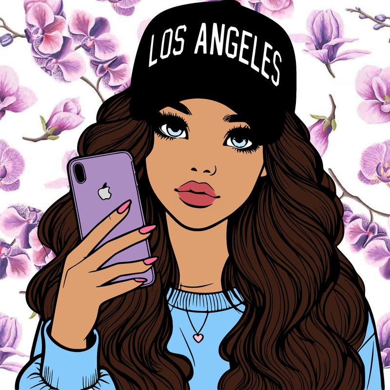 realistic beautiful girl wearing los ángeles cap holding an iphone