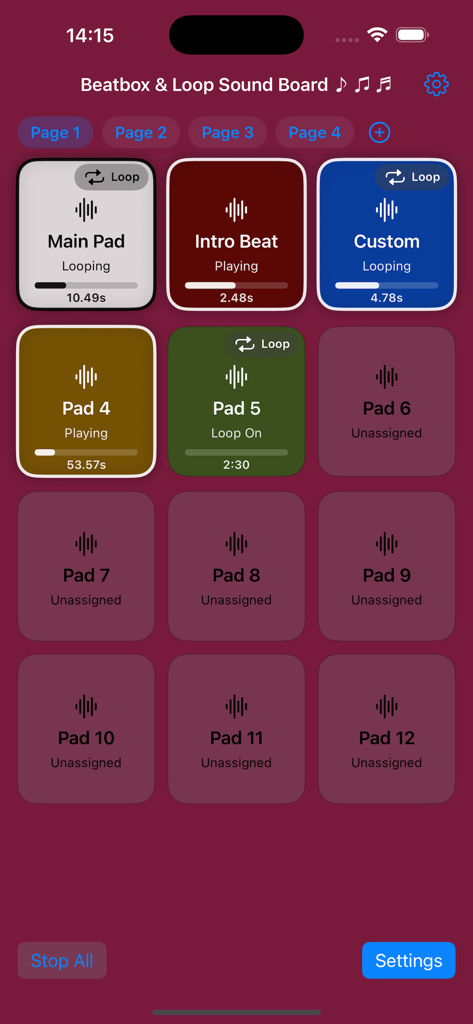 ビートボックス＆ループサウンドボードアプリのインターフェースにある、カスタマイズ可能なオーディオパッドのカラフルなグリッド
